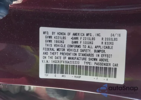 2016 Honda Accord Ex-L z USA, uszkodzony, nr VIN 1HGCR2F83GA205233